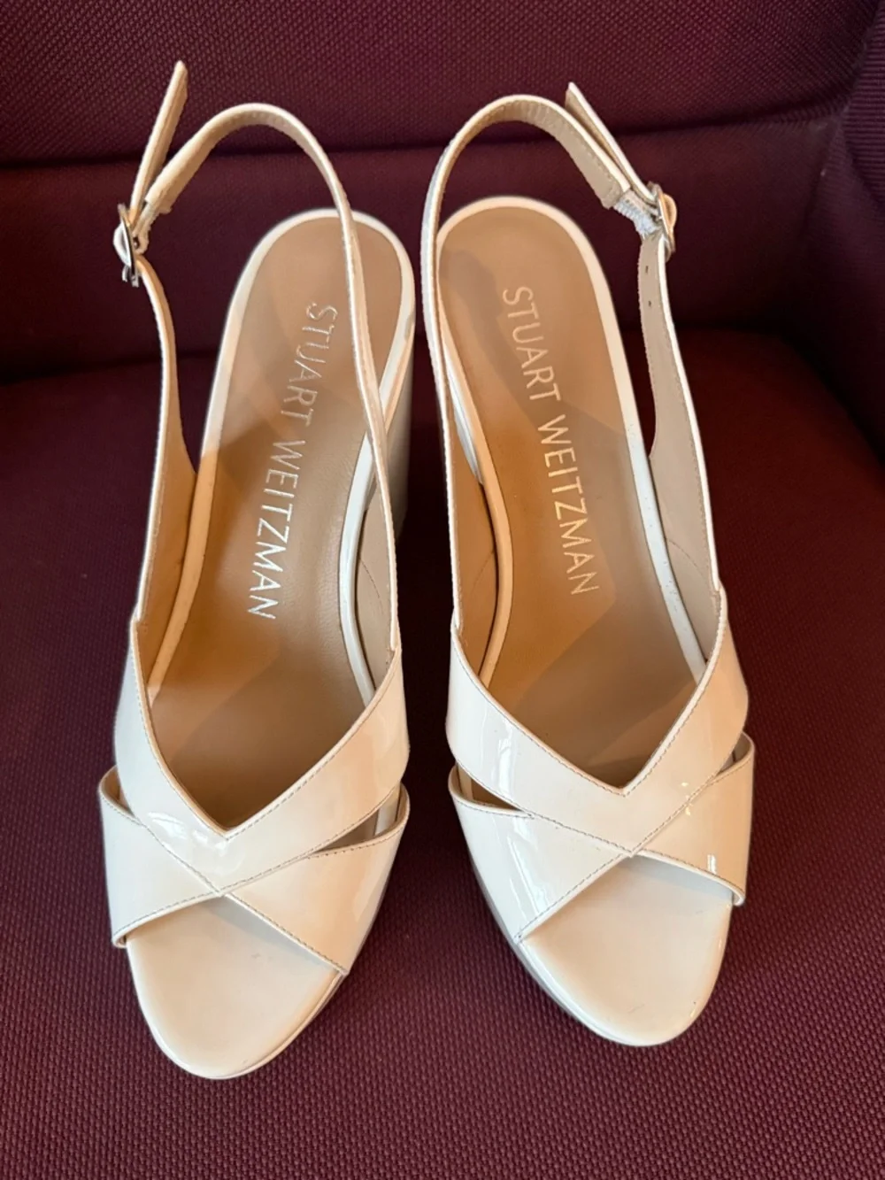 Stuart Weitzman Cream Patent Leather Platform Wedge Sandals - Picture 2 of 12